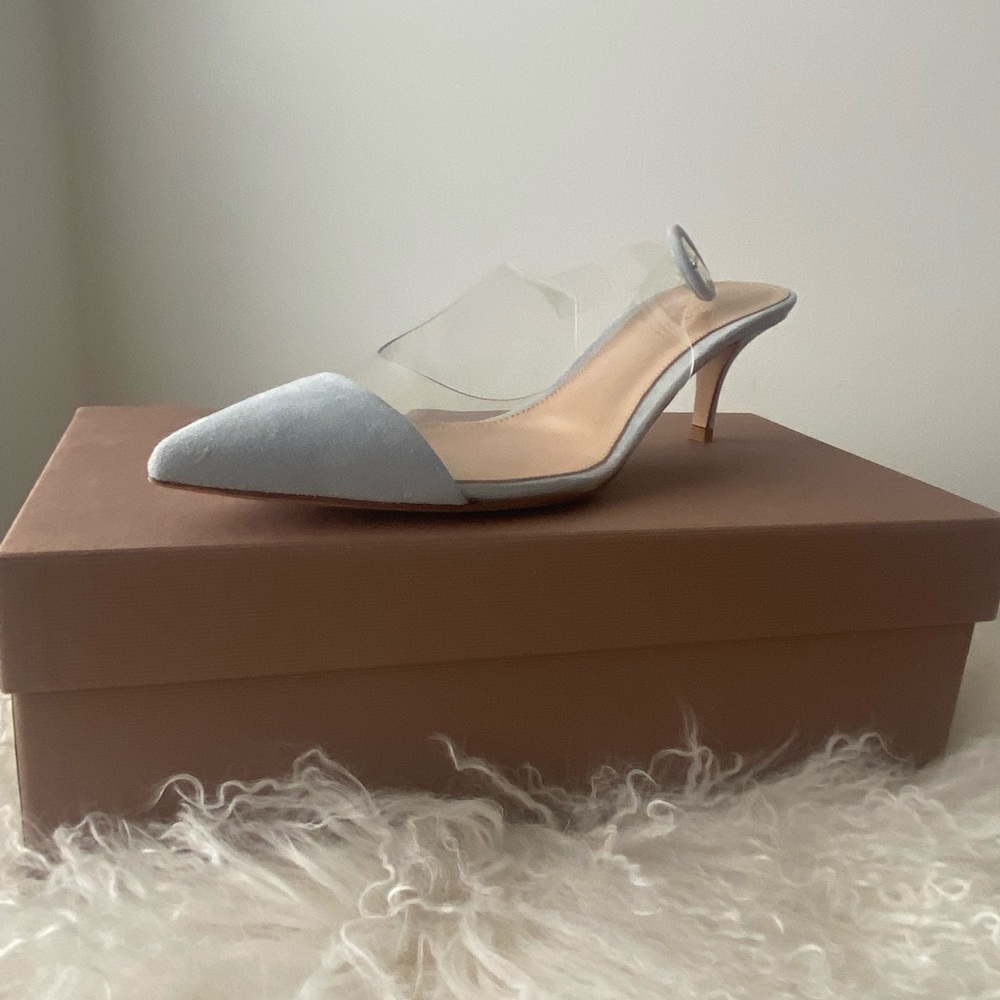 Gianvito Rossi suede tip, plastic strap kitten sandal